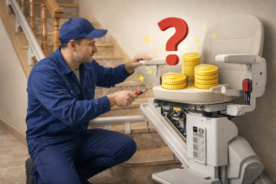 Afbeelding van een monteur die sleutelt aan een traplift Afbeelding van een monteur die sleutelt aan een traplift