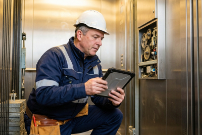Afbeelding van een liftondehroudsmonteur die met een tablet de lift controleert Afbeelding van een liftondehroudsmonteur die met een tablet de lift controleert